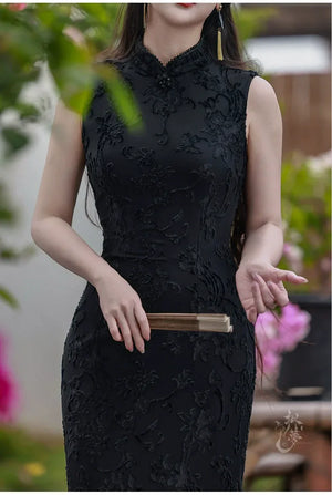 Silent Fragrance – Velvet Beaded Sleeveless Floor-Length Qipao with New Chinese Style Blazer - Yandan_Hanfu