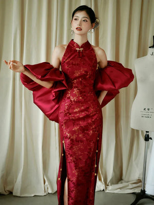 "Jubilee Bell" Red Cheongsam Shawl Bridal Toast Engagement Dress - Yandan_Hanfu
