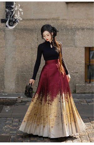 Lunar Spring River – Red Hanfu Maxi Skirt Set, New Chinese Style 6-Meter Hem Mamian Skirt with Knit Top & Wool Coat - Yandan_Hanfu