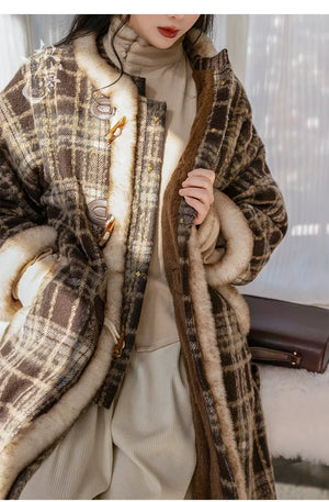 Amber Grace – Modern Hanfu Women's Autumn/Winter Set | Ming-Style Round-Collar Wool Coat with Plaid Song-Inspired Pants - Yandan_Hanfu