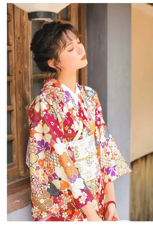 Dark red Japanese retro improved kimono Japanese yukata, fireworks kimono dress