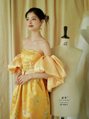 "Yunjing" yellow jacquard pregnant woman cheongsam bride toast dress - Yandan_Hanfu