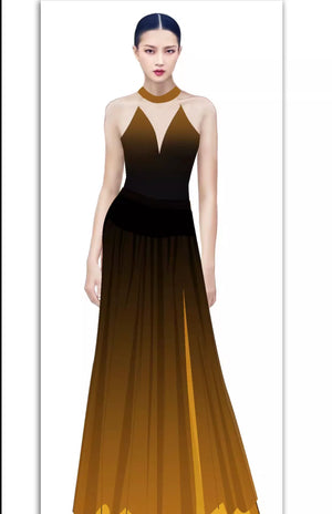 Model wearing brown-to-yellow gradient halter-neck dance skirt outfit - Forbidden Spring luxury Chinese-style performance set