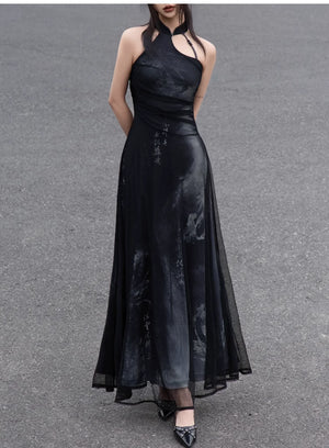 Iris Shadow – Sleeveless Grey Ombre Qipao | New Chinese Style Knitted A-Line Maxi Dress - Yandan_Hanfu