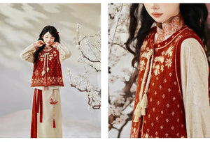 Sui’an – Winter Knit Set | Hanfu-Inspired Bijia Vest with Bow-Sleeve Top and Flowy Skirt - Yandan_Hanfu