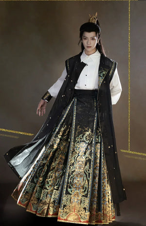 Unisex Hanfu Set – Inlaid Bronze-Inspired Brocade Horse-Face Skirt in Modern Chinese Style - Yandan_Hanfu
