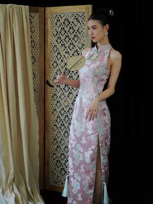 "Pink Bell" Pink Jacquard Bell Cheongsam/Qipao Shawl Bridal Dress - Yandan_Hanfu