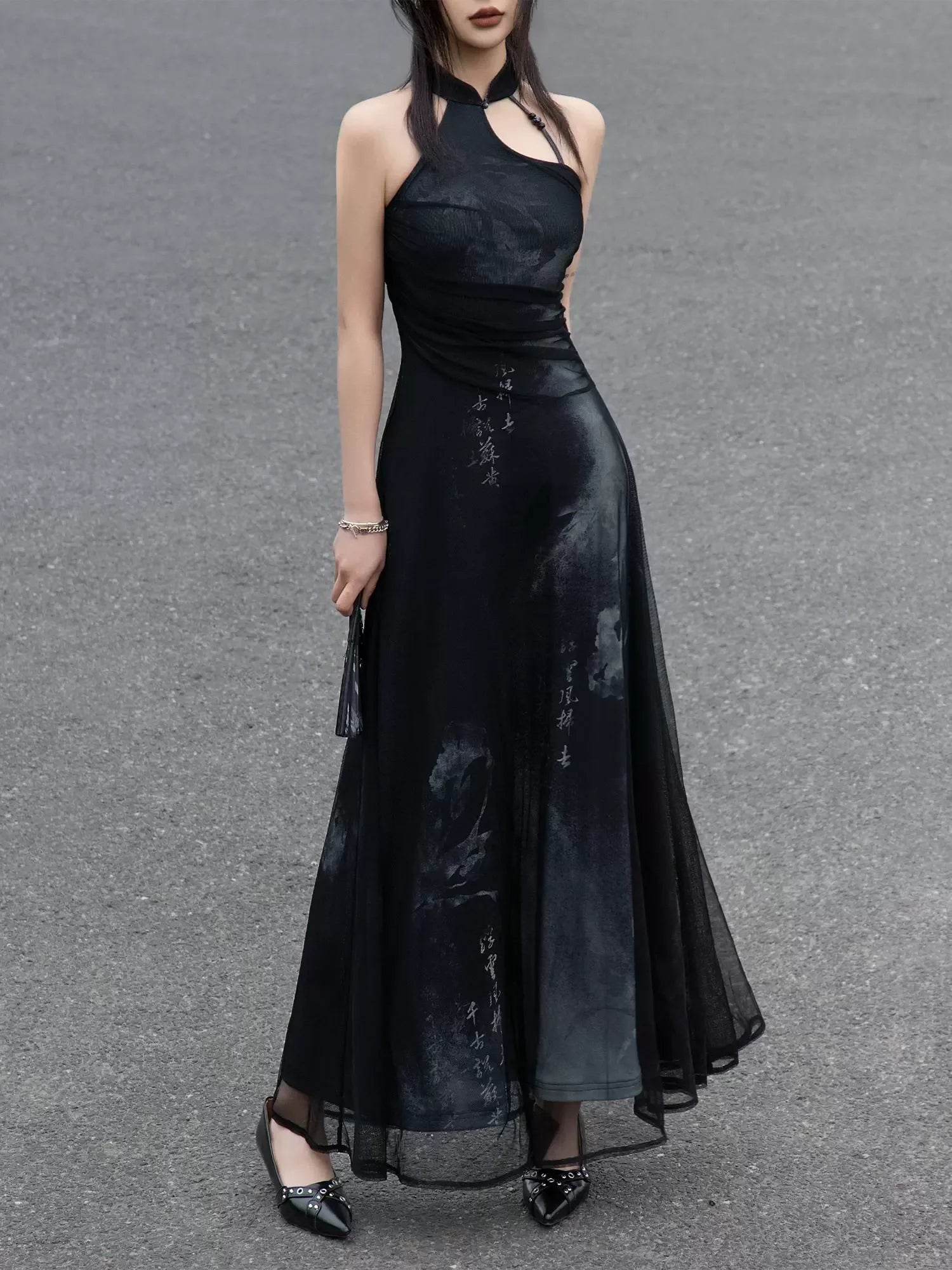 Iris Shadow – Sleeveless Grey Ombre Qipao | New Chinese Style Knitted A-Line Maxi Dress - Yandan_Hanfu