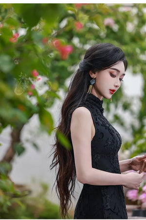 Silent Fragrance – Velvet Beaded Sleeveless Floor-Length Qipao with New Chinese Style Blazer - Yandan_Hanfu