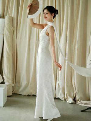 "Pianrou" White Jacquard Ribbon Morning Gown Knot Bridal Toast Dress Engagement Banquet Bar Mitzvah - Yandan_Hanfu
