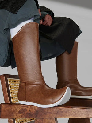 Brown Leather Hanfu Boots – Waterproof Traditional Men's Shoes | Ming & Song Dynasty Inspired Pointed-Toe Design - Yandan_Hanfu