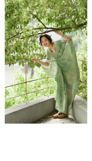 100% Ramie Modern Chinese Dress – Green Tie-Dye Print with Loose Silhouette & Camisole Layer - Yandan_Hanfu