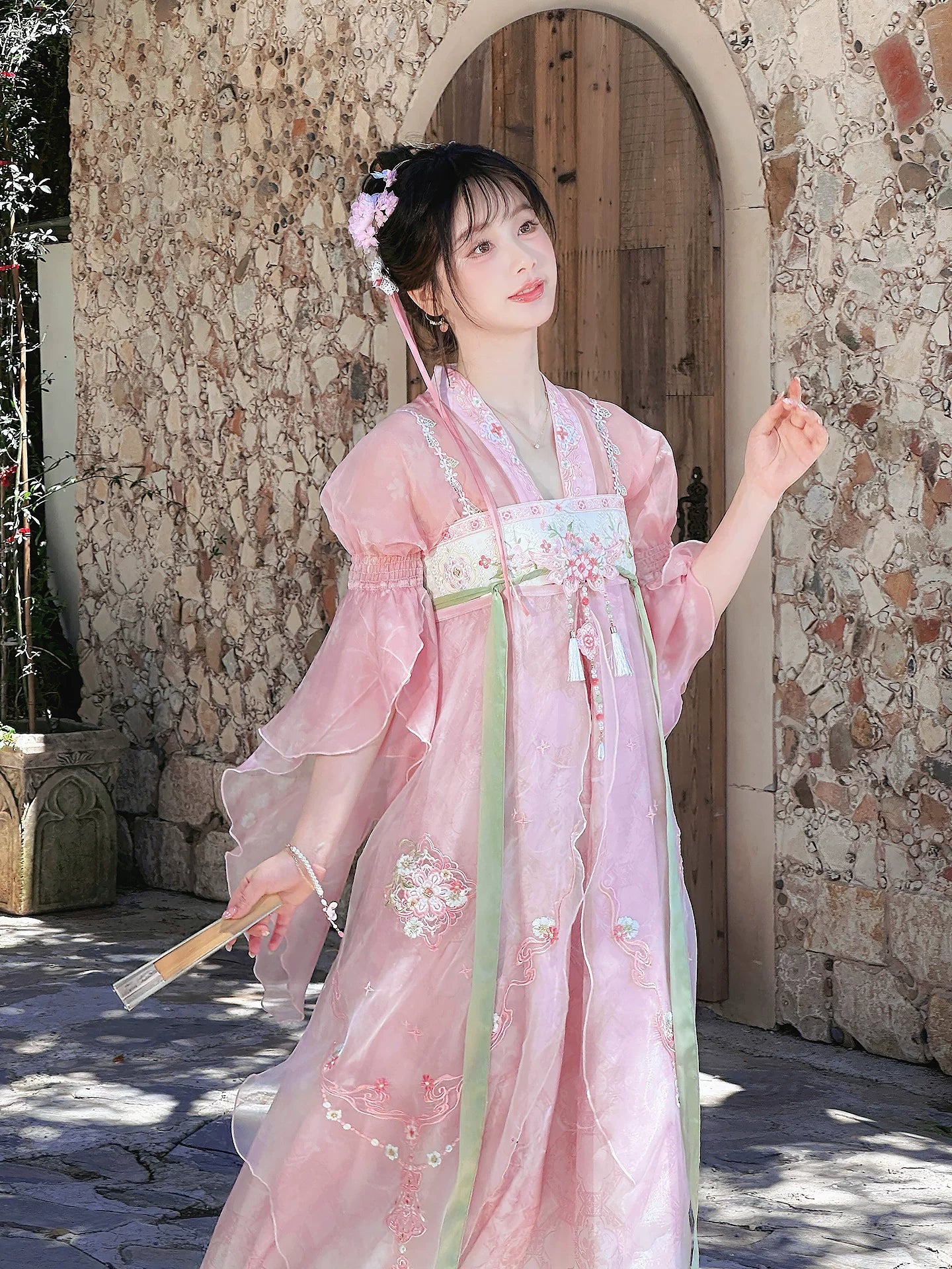 Blowing dreams and flowers, pink Tang-made daily Hanfu