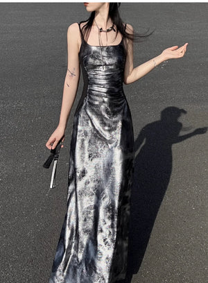 Glossy gray and silver new Chinese atmosphere Spice girl suspender dress Hot silver temperament long dress women - Yandan_Hanfu