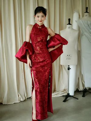 "Jubilee Bell" Red Cheongsam Shawl Bridal Toast Engagement Dress - Yandan_Hanfu
