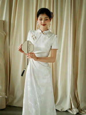 "Kite Butterfly" White Jacquard Cheongsam Bridal Toast Dress Engagement Dress - Yandan_Hanfu