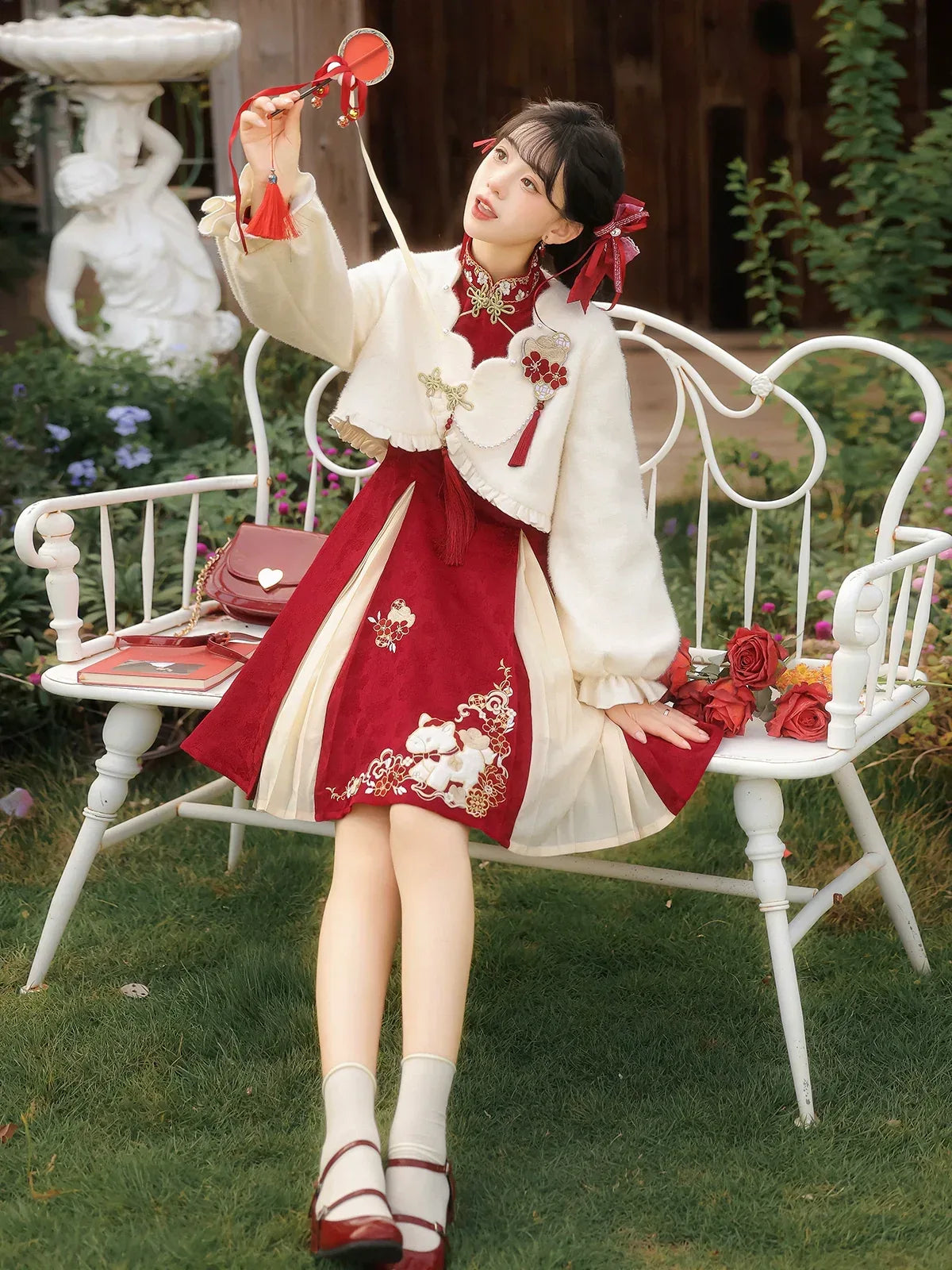 “Lucky Pony” – Red New-Year Hanfu Qipao Set | Modern Chinese Festive Outfit (Autumn/Winter) - Yandan_Hanfu