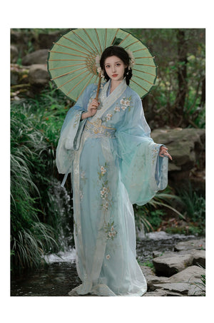 Blue Pear Blossom Moonlight – Traditional Hanfu Robe with Embroidered Jacquard Train