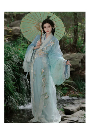 Blue Pear Blossom Moonlight – Traditional Hanfu Robe with Embroidered Jacquard Train - Yandan_Hanfu
