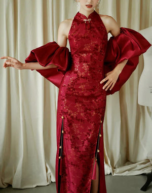 "Jubilee Bell" Red Cheongsam Shawl Bridal Toast Engagement Dress - Yandan_Hanfu
