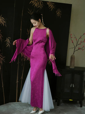 "Rose Hairpin" Dragon Fruit Color Piece Cheongsam Bridal Wedding Dress Engagement - Yandan_Hanfu