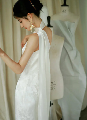 "Pianrou" White Jacquard Ribbon Morning Gown Knot Bridal Toast Dress Engagement Banquet Bar Mitzvah - Yandan_Hanfu
