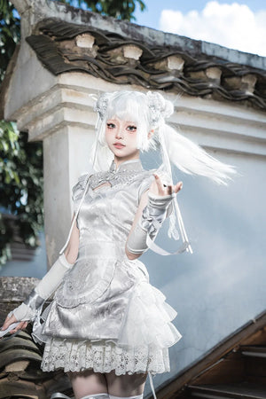 New Chinese style white Dress Cheongsam Maid Apron Short Dress Lolita - Yandan_Hanfu