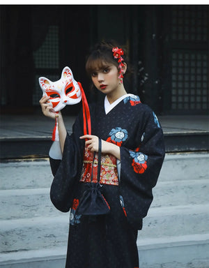 Dark wind halloween red and black Japanese formal kimono women's literary improvement kimono yukata - Yandan_Hanfu