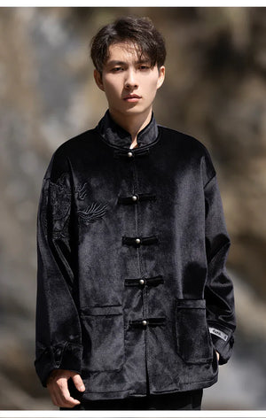 New Chinese Tang style men's button top autumn and winter coat golden velvet - Yandan_Hanfu