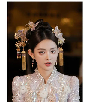 Blush Pink Chinese Bridal Hairpin Set – Handmade Floral Headpiece for Hanfu & Qipao Wedding Look - Yandan_Hanfu