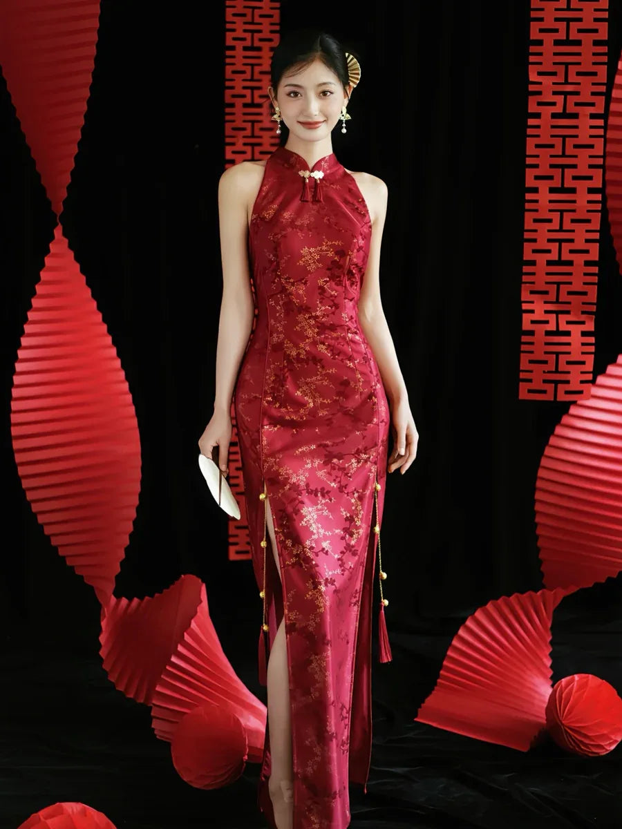 "Jubilee Bell" Red Cheongsam Shawl Bridal Toast Engagement Dress - Yandan_Hanfu