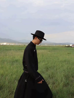 Premium Traditional Mongolian Robe for Men — Hand-Fastened, Solid Twill Design - Yandan_Hanfu