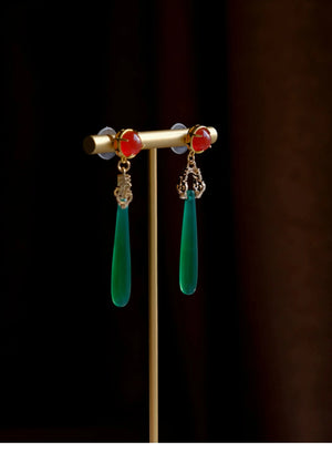 Antique green agate water drop earrings New Chinese style high-end cheongsam Hanfu earring - Yandan_Hanfu