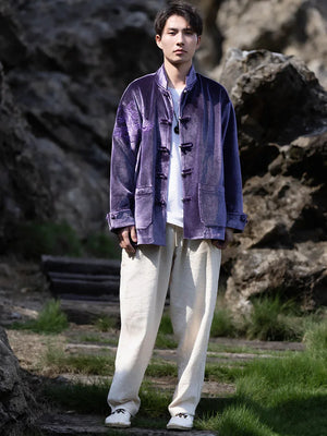 New Chinese Tang style men's button top autumn and winter coat golden velvet - Yandan_Hanfu