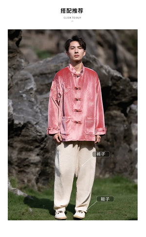 New Chinese Tang style men's button top autumn and winter coat golden velvet - Yandan_Hanfu