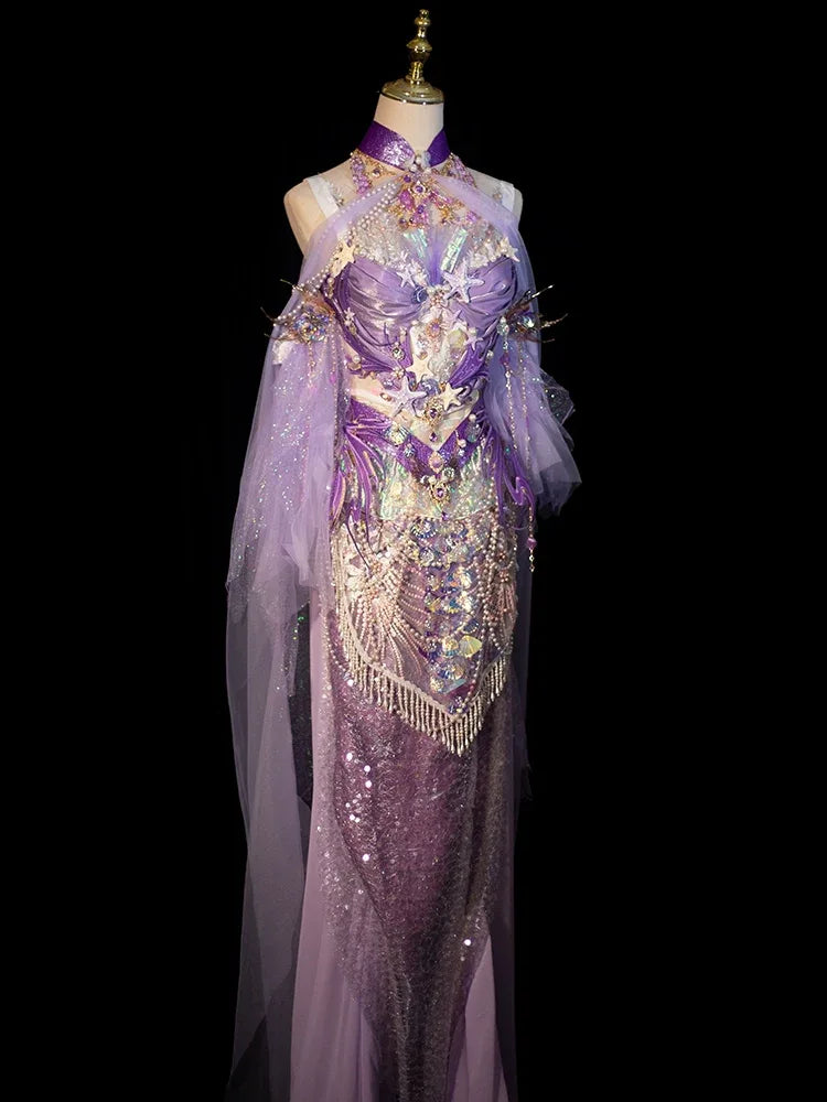 Purple Mermaid Princess Set – Handmade Ocean-Themed Corset & Tail Skirt for Beach Photography - Yandan_Hanfu