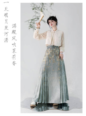 Cultural Hanfu skirt with jasmine flower embroidery and pleated design, ideal for traditional events and Ming-dynasty reenactments.