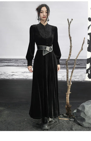 New Chinese Style | Black Lace Dress Women's Stand-up Collar Waist Slimming Long Skirt - Yandan_Hanfu