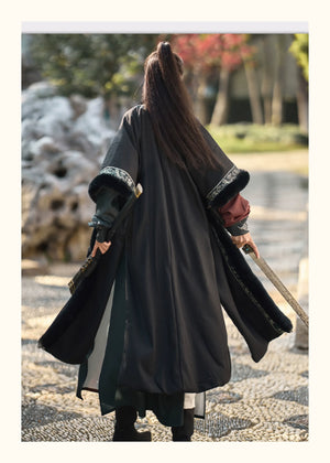 Golden Fish Over the Desert – Tang-Inspired Round Collar Hanfu Coat with Plush Fur Trim (Unisex Winter Set) - Yandan_Hanfu