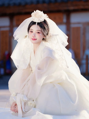 Whole White Korean traditional high-end wedding dress princess Hanbok - Yandan_Hanfu