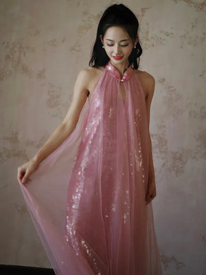 "Bella" pink sequined gauze halter dress bride - Yandan_Hanfu
