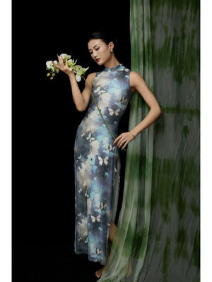 Elegant Modern Chinese-Style Blue Qipao Dress – Vintage-Inspired Long Cheongsam - Yandan_Hanfu