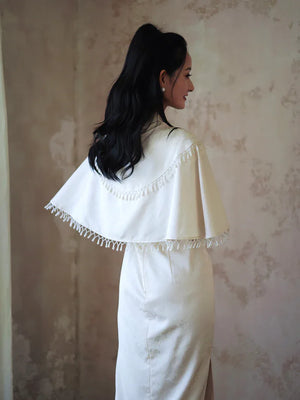 "Xi Zhu" White Dark Pattern Tassel Shawl Cheongsam Bride Wedding Dress Engagement - Yandan_Hanfu