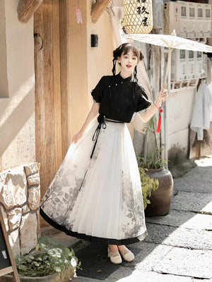 New Chinese style black top shirt print skirt set for spring and summer, featuring floral patterns and modern Hanfu design.