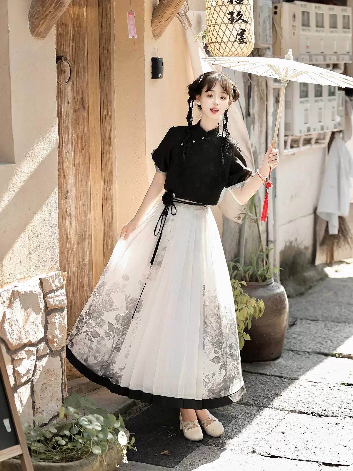 New Chinese style black top shirt print skirt set spring and summer - Yandan_Hanfu