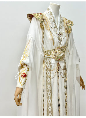 【Radiance of the Dragon】 White Hanfu Ensemble with Cross-Collar, Clouded Shoulders & Embroidered Seal men Unisex - Yandan_Hanfu