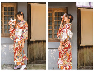 Dark red Japanese retro improved kimono Japanese yukata, fireworks kimono dress