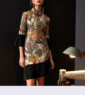 Retro cheongsam splicing velvet split jacquard dress - Yandan_Hanfu