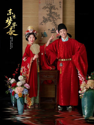 Red Song Dynasty Hanfu Chinese embroidery wedding clothes, happy marriage couple suit - Yandan_Hanfu