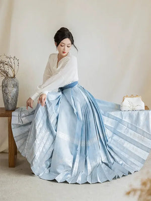Blue collar shirt versatile beige top, lantern sleeve retro horse skirt - Yandan_Hanfu